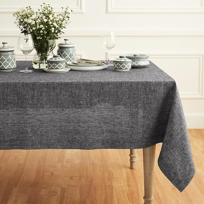 Solino Home Linen Cloth Tablecloth 52 x 52 Inch - 100% Pure Linen Chambray Black Square Tablecloth - Athena, Machine Washable Table Throw for Fall, Autumn, Winter, Holiday