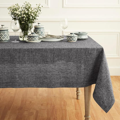 Solino Home Linen Cloth Tablecloth 52 x 52 Inch - 100% Pure Linen Chambray Black Square Tablecloth - Athena, Machine Washable Table Throw for Fall, Autumn, Winter, Holiday