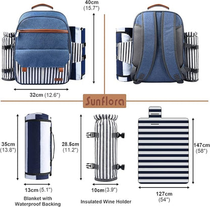 Sunflora Insulated Picnic Backpack for 2 Person Bag with Cooler Compartment, Blanket and Stainless Steel Cutlery Set for Couple, Lovers and Friends (Blue & Stripe)