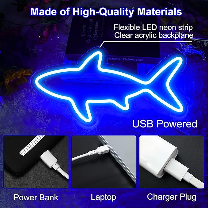 Neon Sign, Fish Led Neon Signs for Kids Gift, USB Powered Blue OceanTheme Art Neon Night Light Acrylic Light Up Sign for Kids Birthday Gift Festival Party Holiday Decor