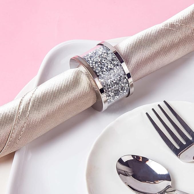 Silver Diamond Napkin Ring Glass Framed, Crystal Dinning Cloth Rings Set of 4 Piece, Glam Serviette Buckle Cloth Holder Sparkle Bling Crushed Diamond Table Decor Accessories