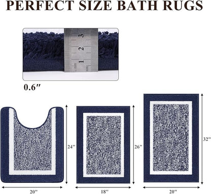 Pauwer Bathroom Rugs Sets 3 Piece Bath Shower Rugs with U-Shaped Contour Toilet Mat Absorbent Microfiber Plush Bath Mats Non Slip Bath Rugs Machine Washable Shaggy Bathroom Floor Mats, Navy