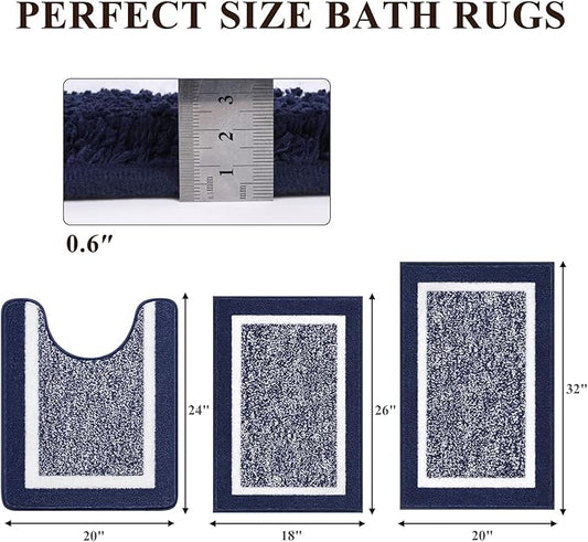 Pauwer Bathroom Rugs Sets 3 Piece Bath Shower Rugs with U-Shaped Contour Toilet Mat Absorbent Microfiber Plush Bath Mats Non Slip Bath Rugs Machine Washable Shaggy Bathroom Floor Mats, Navy