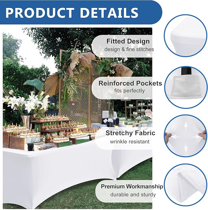 Stretch Tablecloths 4 ft-8 Pack White Elastic Folding Spandex Table Cover Fitted-Elastic 4ft Washable Tablecloth for Party, Vendor Booth Display, Banquet Buffet Event, Craft Trade Show