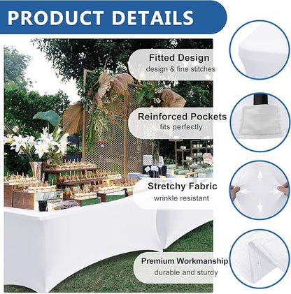 Table Cover for 6 foot Rectangle Tables-8 Pack White Fitted Stretch Tablecloth-Elastic Spandex 6ft Folding Tablecloths for Party, Vendor Booth Display, Banquet Buffet Event, Craft Trade Show