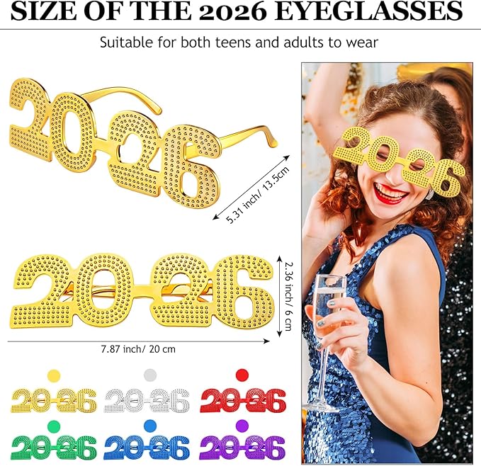 Konohan 6 Pcs 2026 New Year Eve Glasses Glitter Number Sunglasses Eyeglasses for New Years Party Supplies Festival Photo Prop(Colorful)