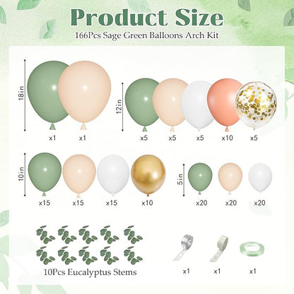 166Pcs Sage Olive Green Blush Peach Balloon Garland Arch Kit Orange White Green Gold Balloons Eucalyptus for Tropical Wedding Jungle Safari Greenery Baby Shower Birthday Party Decorations