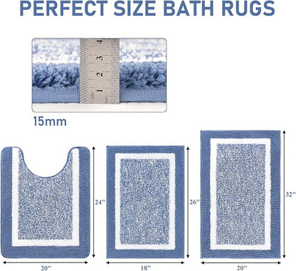 Pauwer Bathroom Rug Sets - 3 Piece Shower Mats with U-Shaped Contour Toilet Mat, Absorbent Microfiber Plush Bath Mats, Non Slip, Machine Washable Shaggy Floor Mats