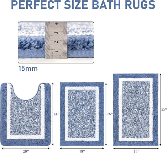 Pauwer Bathroom Rug Sets - 3 Piece Shower Mats with U-Shaped Contour Toilet Mat, Absorbent Microfiber Plush Bath Mats, Non Slip, Machine Washable Shaggy Floor Mats