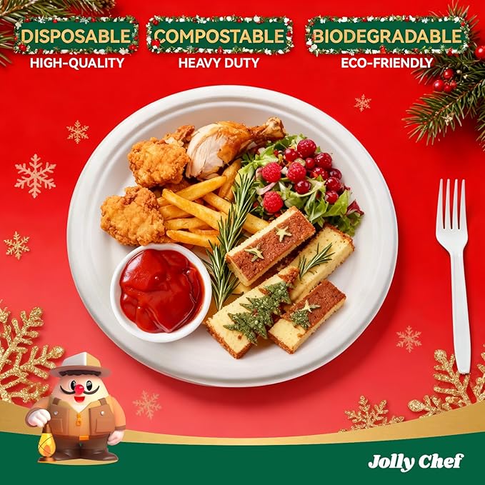 JOLLY CHEF Compostable Heavy Duty Plates 𝟭𝟬 𝗜𝗻𝗰𝗵 [𝟯𝟬𝟬 𝗣𝗮𝗰𝗸] Eco-Friendly Disposable White Paper Plates Made of Bagasse Biodegradable Bulk for Party Dinner Sugarcane Lunch Christmas