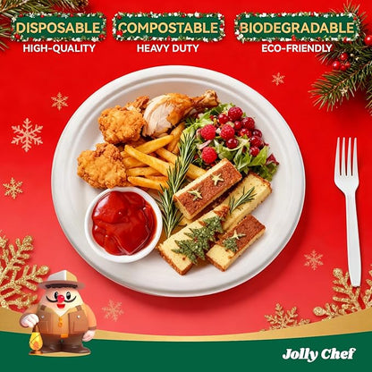 JOLLY CHEF Compostable Heavy Duty Plates 𝟭𝟬 𝗜𝗻𝗰𝗵 [𝟭𝟮𝟱 𝗣𝗮𝗰𝗸] Eco-Friendly Disposable White Paper Plates Made of Bagasse Biodegradable for Party Dinner Sugarcane Fibers Thanksgiving Day