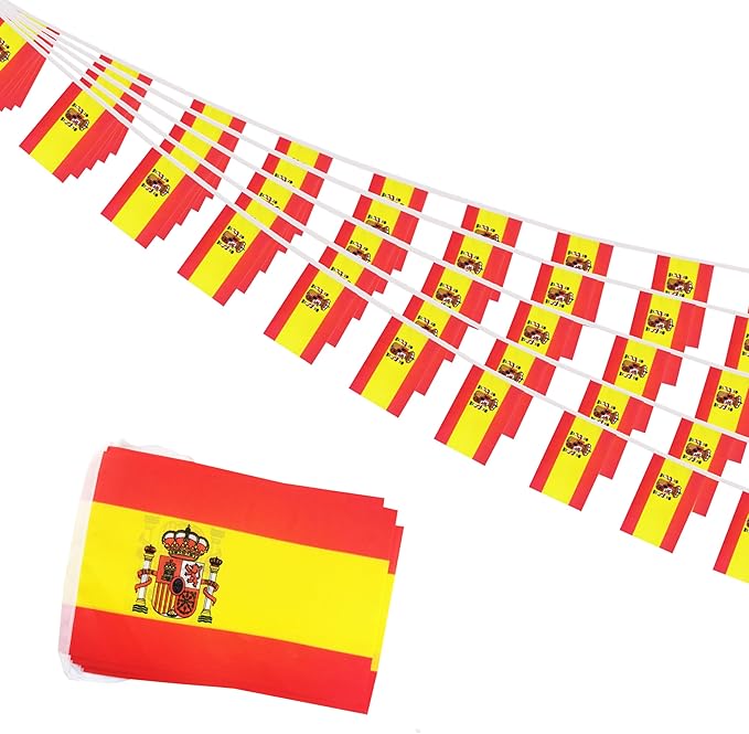 Spain Small String Flags, 50 Feet 38 Pcs Spanish Pennant Banner Bunting Flags, Patriotic Events, Independence Day, Country Festival, Commemoration, Decorations (Spain)