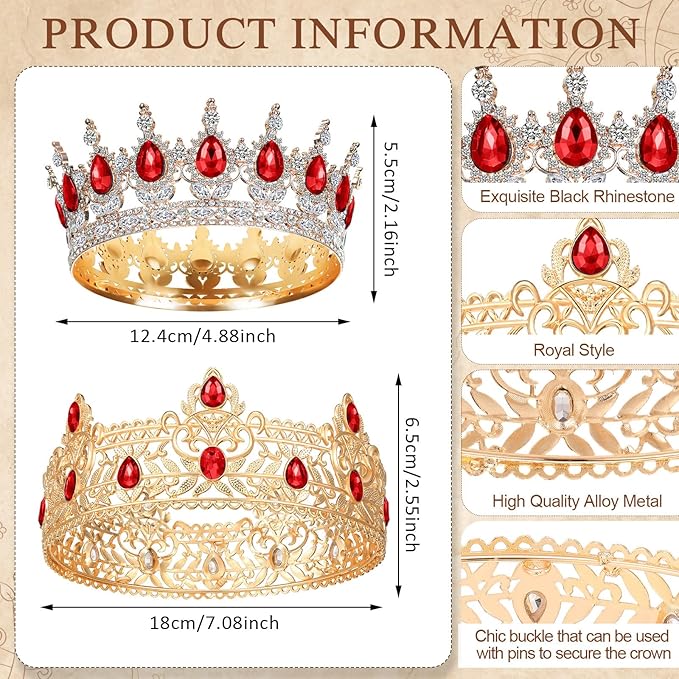 MTLEE 2 Pcs Prom King and Queen Crowns for Men Women King Queen Crowns Tiara with Rhinestone for Wedding Birthday Grad(Red Gold, Red Style)