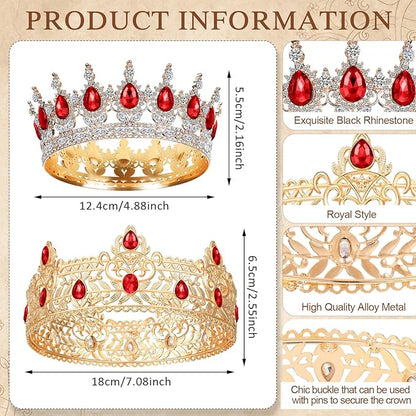 MTLEE 2 Pcs Prom King and Queen Crowns for Men Women King Queen Crowns Tiara with Rhinestone for Wedding Birthday Grad(Red Gold, Red Style)