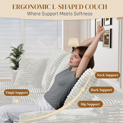 108" L Shaped Boneless Sectional Couches for Living Room, Comfy Corduroy Floor Cloud Sofa with Chaise, Wide Armrest, Deep Seat, Memory Foam, Assembly Free, Ideal for Small Spaces, White