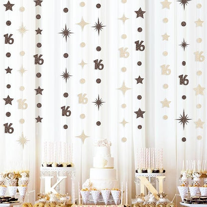 Champagne Gold Brown 16th Birthday Decorations Number 16 Circle Dot Star Garland Streamer Banner Backdrop for Girls Boys Sweet Sixteen Cheers to 16 Years Old Happy 16th Birthday Party Supplies