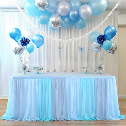 Tulle Table Skirt Blue Tutu Striped Table Skirts for Rectangle Tables 6ft Baby Shower Under the Sea Baby Shark Birthday Parties Decoration