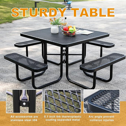 46-Inch Square Outdoor Picnic Table – Commercial Heavy-Duty Steel Dining Table with Thermoplastic Coating, Weather & Rust Resistant, Ideal for Parks, Patios, Schools, Campgrounds (Black)