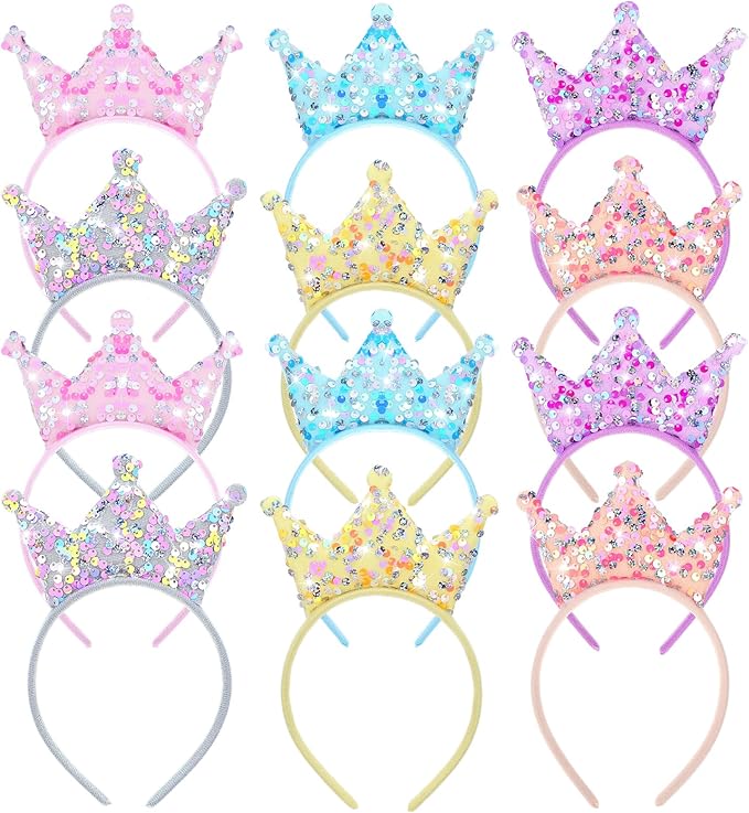 12 PCS Princess Crowns Headband,Glitter Headbands Crown,Sequin Crown Headband,Princess Tiara,Crowns Hair Accessories for Girls Women Birthday Party Wedding Prom Jewelry Cosplay Gifts