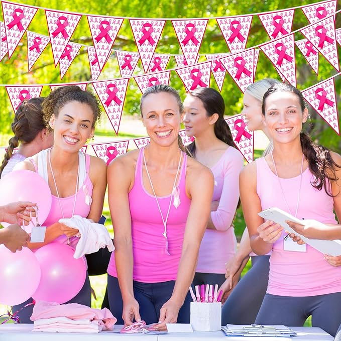 100 FT Breast Cancer Awareness Decorations, 3 Pack Pre-assemble Pink Ribbon Pennant Banner Flags, 60 PCS Plastic Pennants Flags Indoor Outdoor Party Supplies Home Office Ceiling Wall Hanging Decor