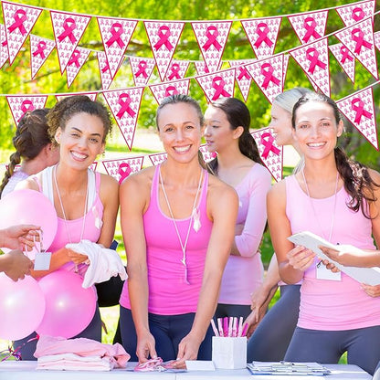 100 FT Breast Cancer Awareness Decorations, 3 Pack Pre-assemble Pink Ribbon Pennant Banner Flags, 60 PCS Plastic Pennants Flags Indoor Outdoor Party Supplies Home Office Ceiling Wall Hanging Decor