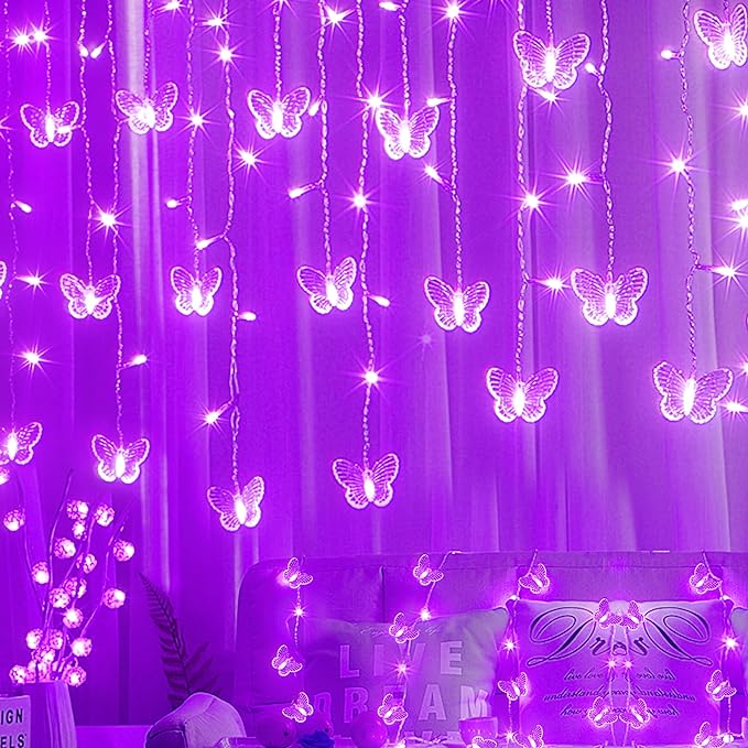Purple Butterfly Curtain Fairy Lights USB Plug in,120 LED 8 Modes 20FT Firefly Twinkle Icicle String Lights with Remote Timer Waterproof for Halloween Bedroom Christmas Wedding Party Dorm