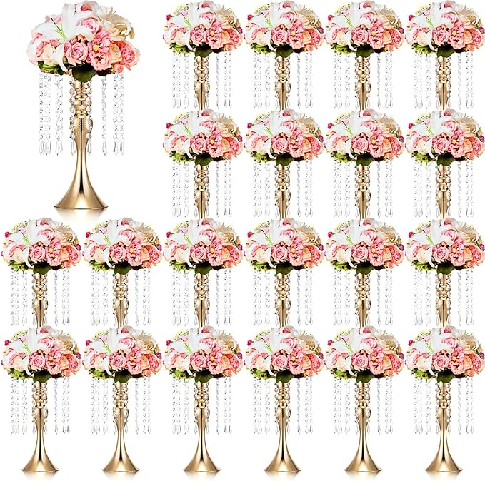 Unittype 20 Pcs Wedding Centerpieces for Tables 13 Inch Tall, Crystal Flower Stand Floral Vases for Tabletop Flower Arrangement Stand Valentines Gift Baptism Christmas Party Decor (Gold)