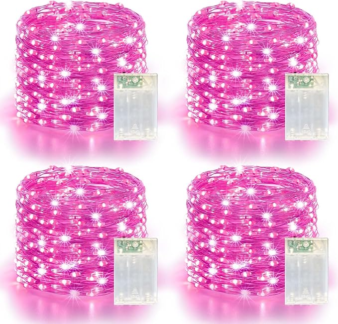 4 Pack 240LED Christmas Fairy Lights Battery Operated - 20FT Twinkle Lights with 2 Lighting Modes Indoor Outdoor, Waterproof Led Fairy String Lights for Bedroom, Wedding, Dorm, DIY Decor, Pink
