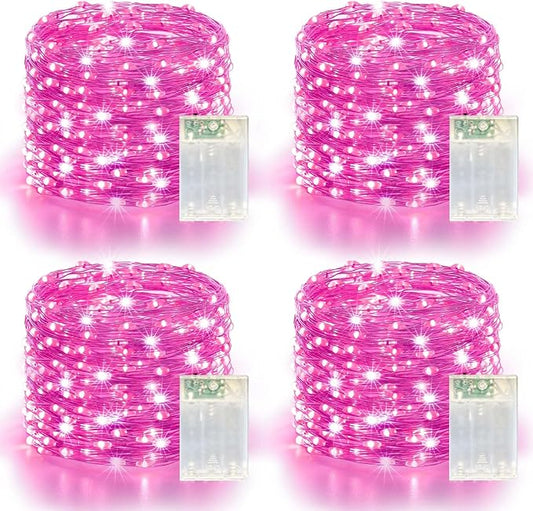 4 Pack 240LED Christmas Fairy Lights Battery Operated - 20FT Twinkle Lights with 2 Lighting Modes Indoor Outdoor, Waterproof Led Fairy String Lights for Bedroom, Wedding, Dorm, DIY Decor, Pink