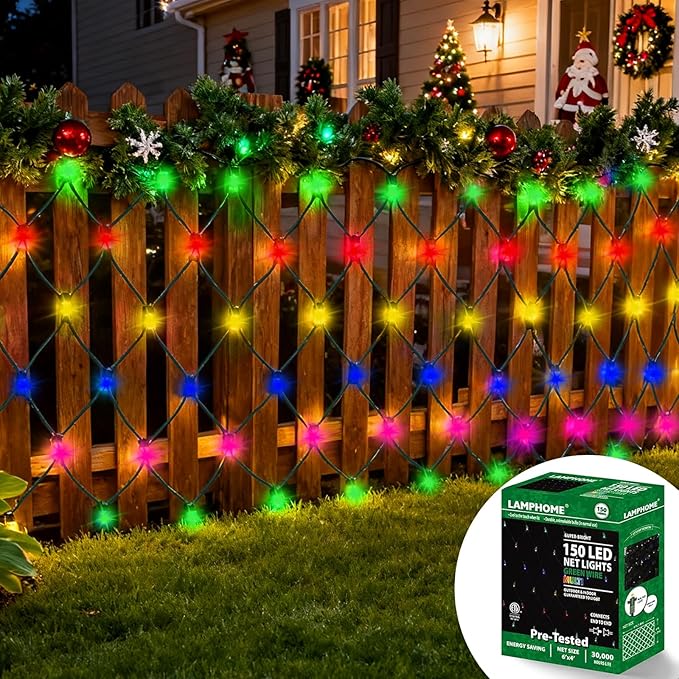 LAMPHOME150 LED Christmas Net Lights Outdoor Christmas Decorations Lights 6ftx4ft, Connectable Outdoor Fairy Mesh String Lights for Party, Wedding, Tree, Bushes Decorations (Multi-Colored)