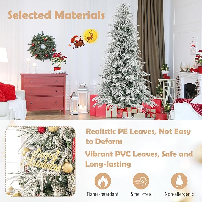 GOFLAME 8FT Pre-lit Artificial Christmas Tree, Snow Flocked Hinged Xmas Tree with 450 Warm White LED Lights, 1108 Branch Tips and Folding Metal Stand, Holiday Decoration Tree for Home Party