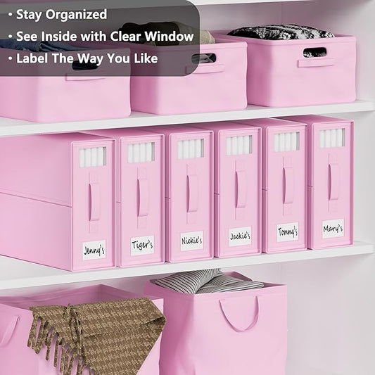 SheetCube Bed Sheet Organizers and Storage 6 Pack, Foldable Linen Closet Organizer with Window and Label, Bedding Folder Storage Box Container for Blanket, Duvet Cover Set, Bed Sheet Set - Pink