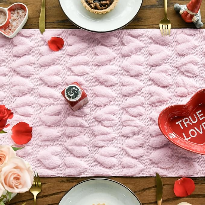 Artoid Mode Pink Soft Plush Faux Fur Jacquard Heart Valentine's Day Table Runner, Seasonal Kitchen Dining Table Decoration for Home Party Decor 13x90 Inch