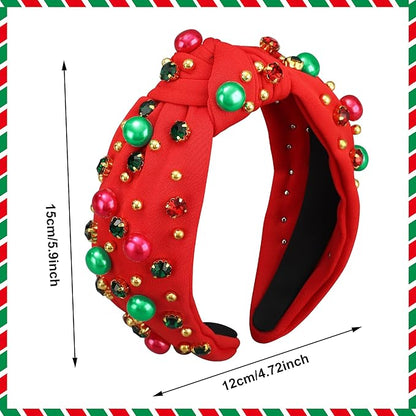 Christmas Headband for Women Xmas Bow Knotted Headbands Red Jeweled Crystal Top Knot Hairband Rhinestone Pearl Wide Head Band for Christmas Holiday Hair Accessories Costume Party Outfits Gifts