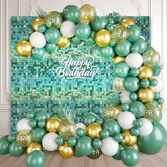 48 PCS Light Green Shimmer Wall Backdrop, Laser Square Sequin Photo Backdrops Panel, Glitter Wall Background for Birthdays, Weddings, Engagements, Jungle Hawaiian Party Decoration (6x8FT)