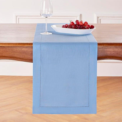 Solino Home Linen Cornflower Blue Table Runner 90 Inches Long - 100% Pure Linen Hemstitch 14 x 90 Inch Table Runner for Dining, Christmas, Holiday, New Year - Classic Hemstitch