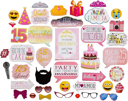 Quinceanera Photo Booth Props - 41-pc Photobooth Kit with 8 x 10-Inch Sign, 60 Adhesive Pads, 45 Sticks - Sweet 15 Photo Booth Props - Decoracion para 15 Años Quinceañeras