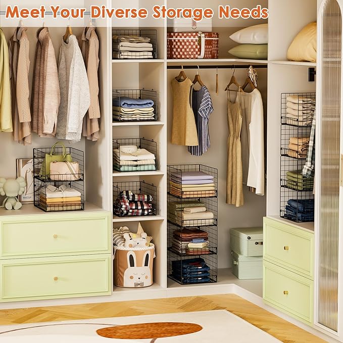 5-Tier Stackable Closet Storage Baskets, Closet Organizers and Storage Shelves, Foldable & Stackable Clothes Storage Bins for Closet Organizer System, Closet Shelf Organizer for Home,Black