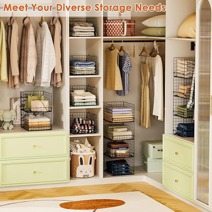 5-Tier Stackable Closet Storage Baskets, Closet Organizers and Storage Shelves, Foldable & Stackable Clothes Storage Bins for Closet Organizer System, Closet Shelf Organizer for Home,Black