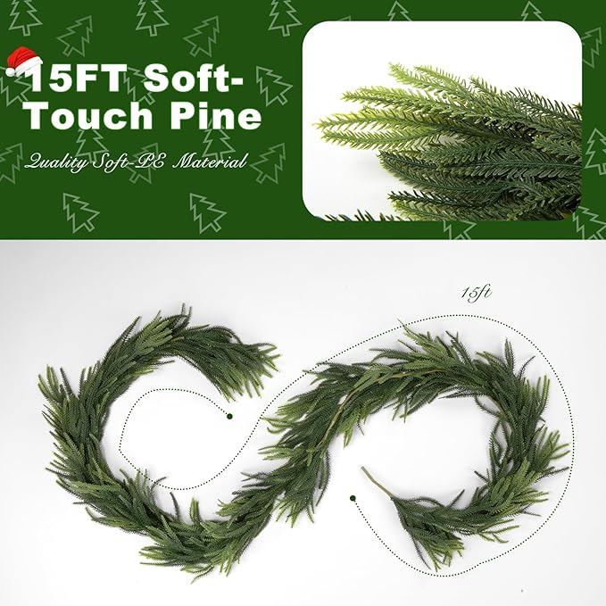 Christmas Norfolk Pine Garland - Soft-Touch Artificial Greenery for Mantle, Table, Fireplace, Wall - Winter Xmas Decor (15FT, Needle-Pine)