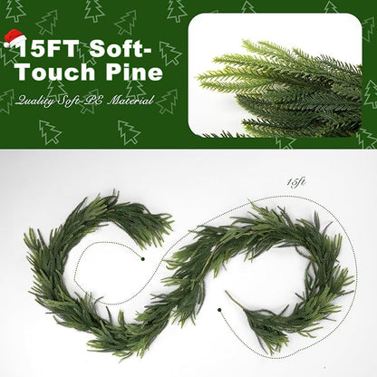 Christmas Norfolk Pine Garland - Soft-Touch Artificial Greenery for Mantle, Table, Fireplace, Wall - Winter Xmas Decor (15FT, Needle-Pine)