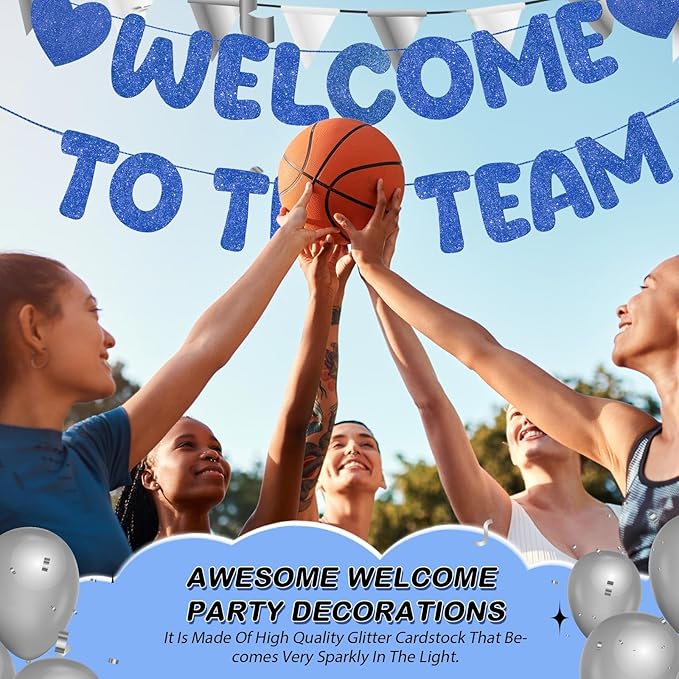 Fulmoon Pre Strung Welcome to The Team Banner with Two Heart Signs, NO DIY, Glitter Welcome Party Supplies for New Employee, Coworker, Colleague, Staff, Team Member Office Decorations(Navy Blue)