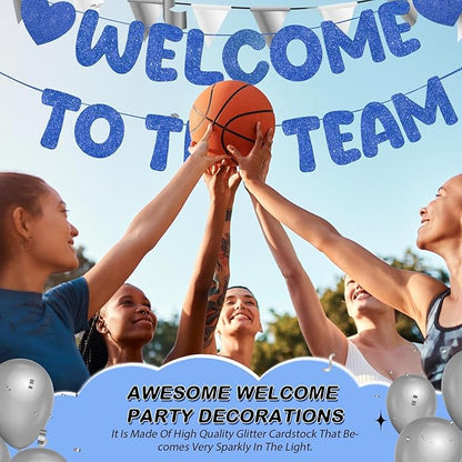 Fulmoon Pre Strung Welcome to The Team Banner with Two Heart Signs, NO DIY, Glitter Welcome Party Supplies for New Employee, Coworker, Colleague, Staff, Team Member Office Decorations(Navy Blue)