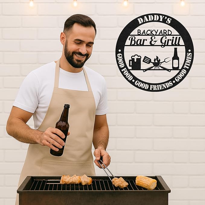 Custom BBQ Gathering Metal Sign, Personalized Grill Name Cut Wall Decor for Outdoor Patio, Rustic Backyard Party Gift