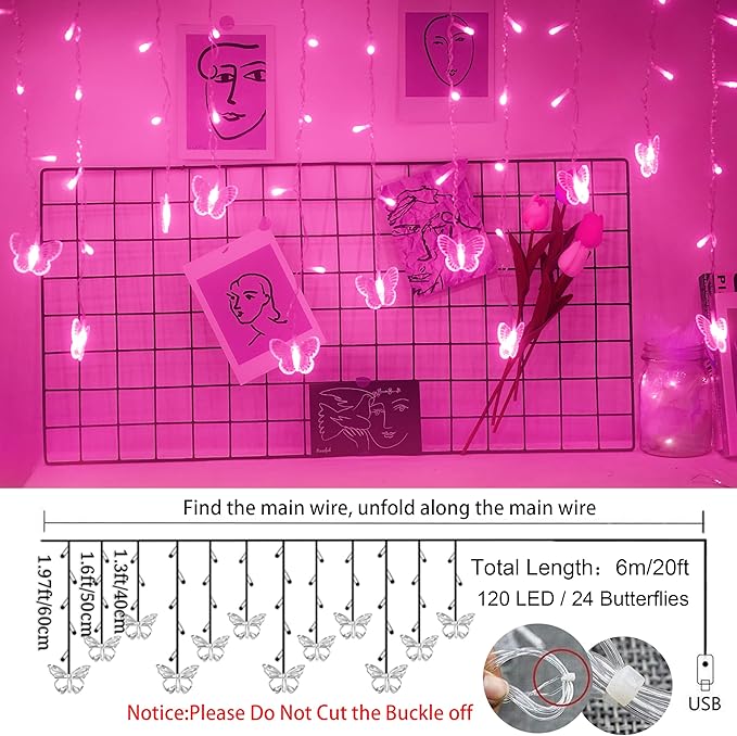 Butterfly Curtain Fairy Lights USB Plug in,120 LED 8 Modes 20FT Firefly Twinkle Icicle String Lights with Remote Timer Waterproof Copper Wire for Bedroom Patio Christmas Wedding Party Dorm(Pink)