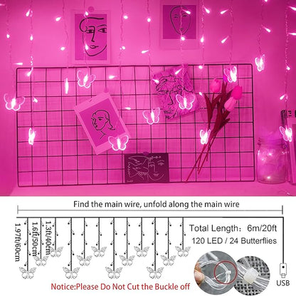 Butterfly Curtain Fairy Lights USB Plug in,120 LED 8 Modes 20FT Firefly Twinkle Icicle String Lights with Remote Timer Waterproof Copper Wire for Bedroom Patio Christmas Wedding Party Dorm(Pink)