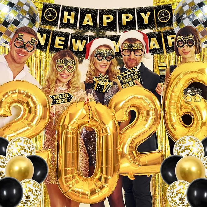 2026 New Year Decorations Party Supplies Kit with Banner, Photo Props, Glasses, Hats, 2026 Foil Balloon, Fringe Curtains and Latex Balloons for New Years Eve Celebration