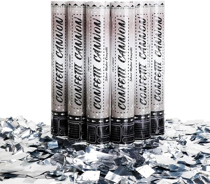 12 Inch Confetti Cannons (6 Pack) – Silver Mylar Confetti Poppers - Air Powered Party Poppers Confetti Shooters for Birthday, Wedding, Graduation, Christmas, New Year Celebrations