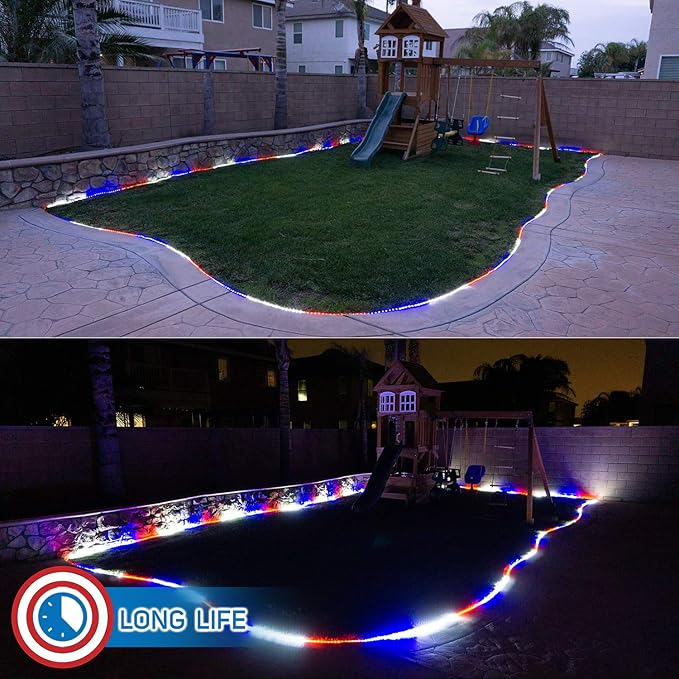Russell Decor 20ft/6m Led Rope Lights for Patriotic 4th of July Memorial Day Decor Party Outdoor Decorative Lighting Trees Patio Deck Flexible String Tube Lights Blue Red White