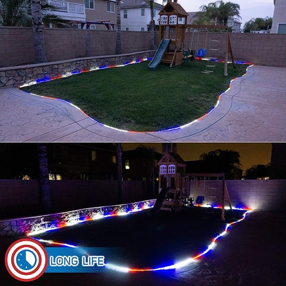 Russell Decor 100ft/30m Led Rope Lights Lamps Kit Indoor Outdoor Decorative Lighting for Patriotic 4th of July Memorial Day Decor Party Trees Patio Deck Flexible String Tube Lights- Blue Red White